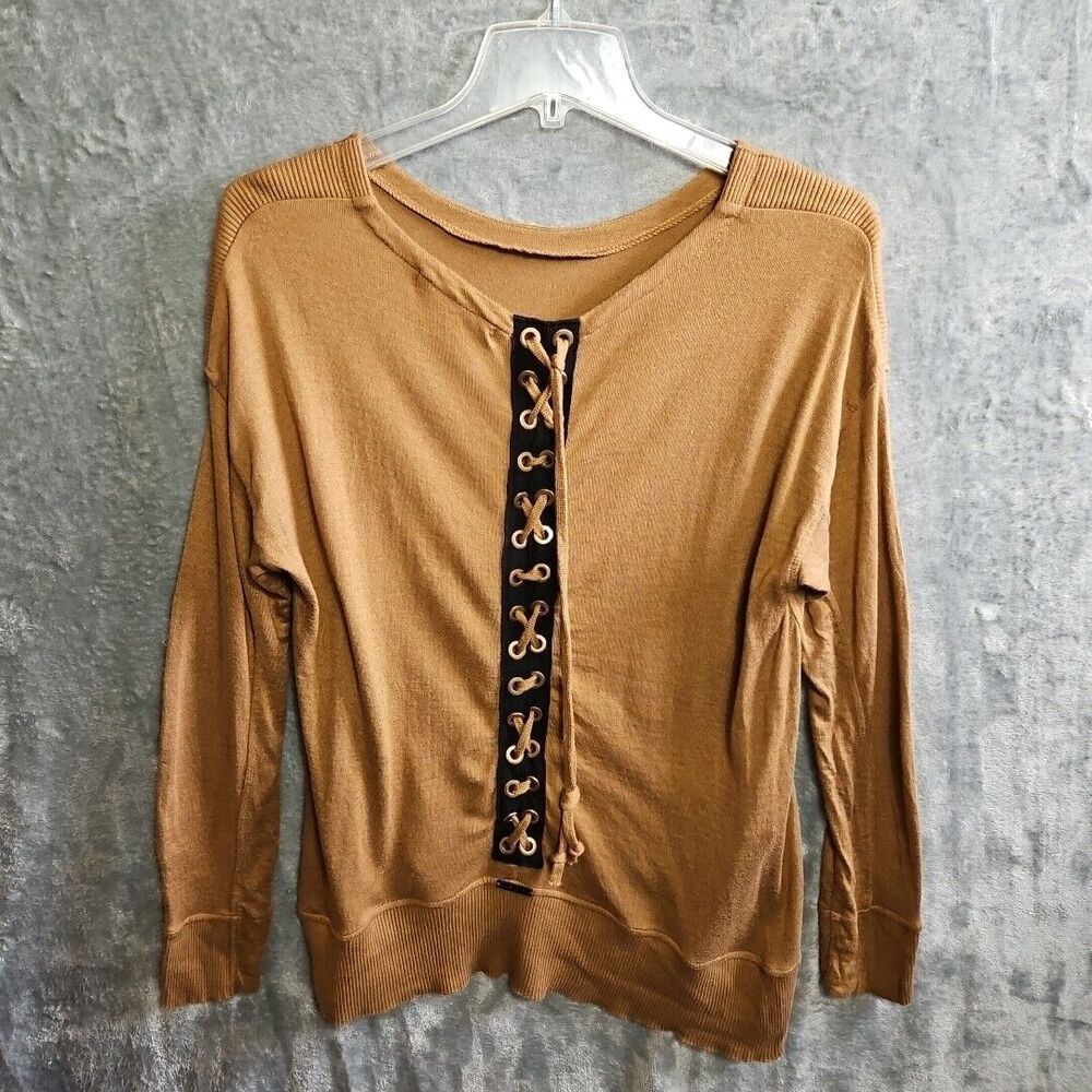 AMS PURE Women's Brown Gold Pullover Top Lace up Back Sz 8 Spain  Cashmere Blend